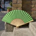 Abanico de tela verde plegable con varillas de bambú en escalones de piedra - P款3号-镂空彩纸扇(草绿)
