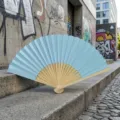 Light blue silk folding fan with natural bamboo bone, perfect for DIY wedding favors - P款5号-镂空彩纸扇(淡蓝)