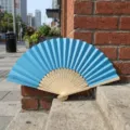 Elegant light blue folding fan with carved bamboo ribs for DIY wedding favors and crafts - Style P No.16 Hollow Carved Colored Paper Fan (Sky Blue)