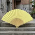 Blank yellow silk folding fan with natural bamboo ribs for DIY crafts and wedding favors - Style R Plain Satin Fan (Light Yellow)