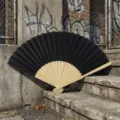 Black silk fabric folding fan with natural bamboo bone ribs - Style Q No.5 Plain Colored Fabric Fan (Black + Edged)
