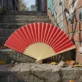 Solid red silk folding fan with natural bamboo ribs for DIY wedding favors and crafts - Style Q No.6 - Smooth Colored Fan (with Border) / Red