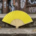 Yellow folding silk fan with bamboo ribs for DIY crafts and wedding gifts, blank design - Style Q No.8 - Smooth Colored Fan (with Border) / Yellow