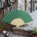 Green cloth folding handheld fan with natural bamboo ribs for DIY wedding art crafts - Style Q No.12 - Smooth Colored Fan (with Border) / Dark Green