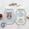 Cute blue and white striped pet sweater with bear pattern, warm knitted dog clothes for winter. - XS / Blue Little Bear