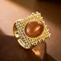 Vintage vergoldeter offener Filigran Ring mit bernsteinfarbener Stein Damen Schmuck - Einstellbar Offen / Gold