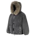 Detailed view of winter thick corduroy hooded jacket with plush fur trim and zipper closure. - M / Black