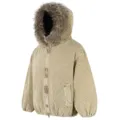 Detail view of winter men's thick corduroy hooded jacket with soft faux fur trim and zipper. - M / Khaki