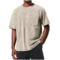 Detailed shot of the acid-washed men's t-shirt showing the chest pocket and round neckline. - Apricot