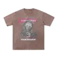 Vintage gewaschenes braunes Oversize T-Shirt für Herren mit coolem Grafik-Druck und Slogan. - S / Kaffee