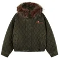 Giacca con cappuccio trapuntata invernale con collo in pelliccia, verde lavato vintage. - Taglia M / Verde