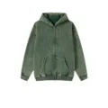 Vintage washed full zip hoodie for men, loose fit fleece lined hooded cardigan sweatshirt. - Dark Green