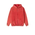Vintage washed full zip hoodie, retro loose fit hooded sweatshirt with double zipper detail. - Red