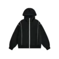Unisex Oversized Reißverschluss Hoodie mit Kontrastnähten für Herbst Winter Streetwear. - S / Schwarz