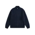 Herren Dunkelblau Zopfmuster Strickjacke mit Stehkragen warmer Winter Pullover - S / Marineblau