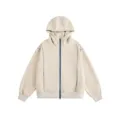 Oversized beige zip-up hoodie with blue zipper and contrast stitching for unisex fashion wear. - Oatmeal