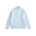 Men's light blue stand-up collar full zip cable knit sweater casual versatile autumn winter top - Sky Blue
