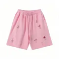 Pink distressed streetwear oversized casual sports shorts, stylish variant choice. - Pink