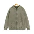 Vintage washed grey-green zip-up hoodie, casual loose full-zip hooded sweatshirt for men. - S / Tops / Army Green