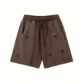 Men's vintage distressed brown sweatshorts, casual loose oversize five-quarter sports shorts. - Coffee