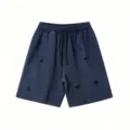Men's vintage washed distressed sweatshorts, casual loose fit drawstring five-quarter pants. - Navy Blue