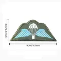 Close-up detail of the embroidered parachute wings badge with clear dimension markers. - V01777-2 Embroidered UK Paratrooper (Green Blue)
