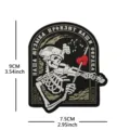 Tactical PVC morale patch featuring a skeleton playing violin with red heart design and dimensions. - PVC Door-Shaped Skull Patch (Musician)