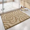 Minimalist beige wavy absorbent plush bathroom mat with non-slip backing for home shower - 40*60cm / Endless Ring Shadows - Khaki