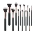 12-delige professionele make-up borstelset met zwarte handvaten en roségouden hulzen - 12-delig Zwart Goud Zonder Logo / 12 Stuks