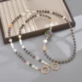 Crystal beaded crossbody phone lanyard with iridescent heart charm and gold clasps - Grey (K6499)