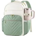 Large sage green and cream commuter backpack with side pocket holding a handled water bottle - Side Pocket Buckle Style / Beige and Green