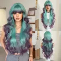 30 inch long wavy teal and purple gradient synthetic wig with bangs for women hair - Ice Green