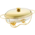 Oval heat-resistant glass chafing dish buffet warmer with a polished golden lid - 2.5L Oval Gold