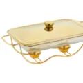 Rectangular glass chafing dish buffet server with polished gold lid and stand - 2.0L Rectangular Gold