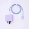 Detailaufnahme der Silikon-Schutzhülle und des geflochtenen Kabelwickler-Sets für UK-Stecker. - Hellviolett