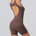 Combinaison de yoga sans couture pour femme body fitness sport dos nu short actif. - Café