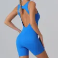 Combinaison de yoga sans couture bleue femme fitness dos nu short sport fitness - Bleu saphir