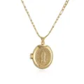 Gold oval photo locket necklace with Virgin Mary pendant and Figaro chain for women. - Gold