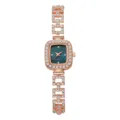 Detailed view of an elegant rose gold square women watch encrusted with shiny rhinestones - Rose Gold with Blue Dial