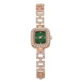 Detailed view of an elegant rose gold square bracelet watch featuring a deep green dial - Rose Gold with Green Dial