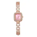 Detailed view of rose gold square ladies watch with rhinestone bracelet band - Rose Gold with Pink Dial