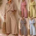 Ensemble deux pièces rayé pour femme avec pantalon large et chemise décontractée - S / Haut Et Bas / Kaki
