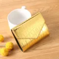 Women gold metallic crocodile pattern short wallet card holder compact stylish fashion - Gold