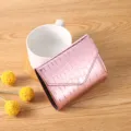 Pink laser crocodile pattern women wallet card holder, minimalist style compact leather purse. - Pink