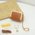Mini PU leather kiss lock coin purse chic brown jewelry bag with chain ring variant. - Brown