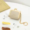 Mini PU leather clasp coin purse vintage jewelry case with metal chain keychain gift bag - Grey-Beige