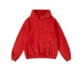 Detailansicht des vintage gewaschenen roten Hoodies, schwerer Fleece-Stoff und Tasche. - S / Rot