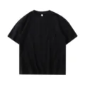 Black solid color short sleeve t-shirt detail showing classic crewneck and relaxed fit. - S / Black
