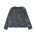 Detailed close-up view of dark grey camouflage long sleeve crewneck T-shirt, loose fit. - S / Camo Black