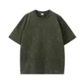 Vintage acid washed snow washed short sleeve t shirt loose drop shoulder casual basic top green - S / Army Green